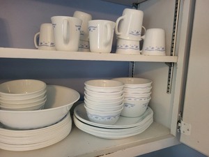 lot 32 image: Corning Blue Floral Dinnerware Set with Plates, Bowls, and Mugs