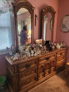 lot 77 image: Large Wooden Dresser with Dual Mirrors and Ornate Carvings
