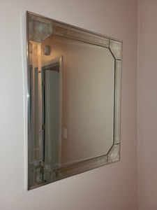 lot 176 image: Frameless Beveled Square Wall Mirror with Etched Corners