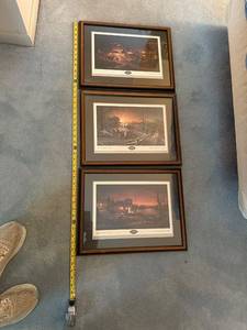 lot 119 image: Set of 3 Terry Redlin Framed Prints Harvest Moon Ball, Pleasures of Winter, Total Comfort