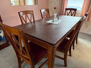 Wood Dining Table with 6 Chairs and Red Cushioned Seats