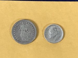 lot 272 image: 2 - Silver Coins  1920 B Swiss Silver Franc & 1957 Roosevelt Dime