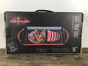 lot 278 image: New in the Box - Hells Kitchen Cast Iron Grill 16 Red Enamel Exterior Rectangle Griddle Pan