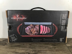 lot 279 image: New in the Box - Hells Kitchen Cast Iron Grill 16 Red Enamel Exterior Rectangle Griddle Pan
