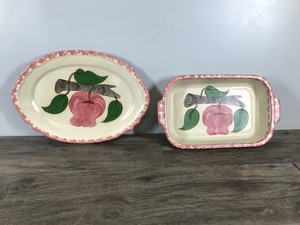 lot 290 image: Vintage Country Crafts Pottery Casserole Dish & Oval Platter with Apple Design