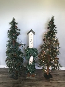lot 318 image: Christmas Decor - 2 Trees with Lights and 1 Bird House with Lights