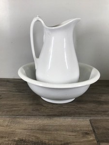 lot 321 image: Antique White Royal Stone China, Vintage Glazed Pottery Pitcher and Basin, Large 12 Tall, Marked on Bottom Royal Stone China Wedgewood (pitcher) and bowl Royal ironstone China Charles meakin England