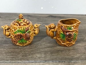 lot 179 image: Victoria Ceramics Vintage Cream & Sugar in Pine Tree & Squirrel