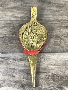 lot 157 image: Vintage Fireplace Bellows  Brass Embossed Scene  Red Leather Trim  Rustic Hearth Decor
