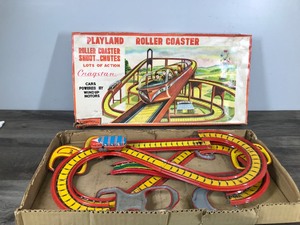 lot 150 image: Vintage Tin Litho Playland Roller Coaster with Wind Up Car and Track