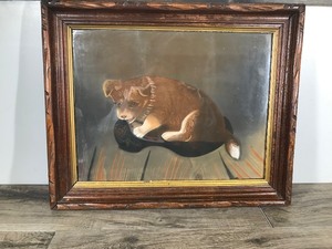 lot 148 image: Vintage Framed Picture of a Dog in a Dog Bed