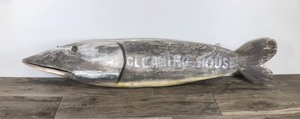 lot 124 image: Large Carved Wood Northern Pike  Muskie  - Says Cleaning House (Used to hang at the fish cleaning house on a resort on Lake Hubert, Nisswa)