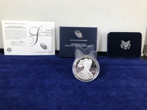 lot 17 image: 2014 American Eagle One Ounce Silver Proof Coin with Box & COA