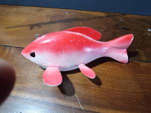 lot 42 image: Wood Spearing Fishing decoy with metal fins