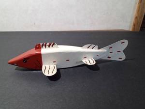 lot 44 image: Signed wood fishing spearing decoy with metal fins