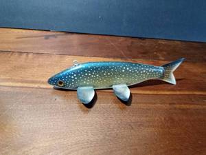 lot 129 image: Signed wood fish decoy with metal fins