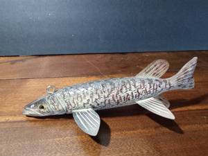 lot 131 image: Signed wood fish decoy with metal fins