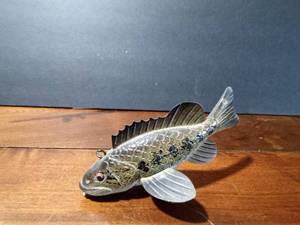 lot 132 image: Signed wood fish decoy with metal fins