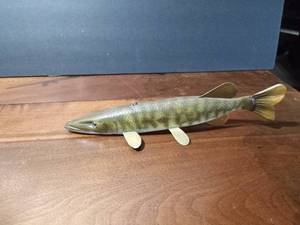 lot 133 image: Signed wood fish decoy with metal fins