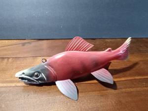 lot 134 image: Signed wood fish decoy with metal fins