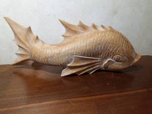 lot 88 image: 2 Hand-carved wood fish sculptures with initials on bottom