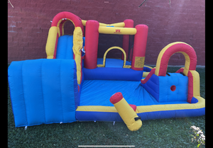 lot 205 image: BOUNTECH Inflatable Water Slide, 7-in-1 Surfing Slide Kids Water Park Jump Castle, Water Slides Inflatables for Outdoor wBig Splash Pool, Big Kids Backyard Party Water Slide Bounce House with Blower (Damaged)