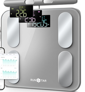 lot 62 image: RunStar Digital Bathroom Scale for Body Weight, Body Fat, BMI 28 Measurements, Innovative 8-Electrode Smart Scales FSA&HSA Eligible with Voice Prompt Function High Accurate Bluetooth Weight Machine