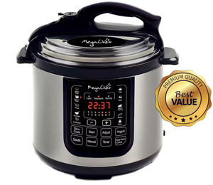 lot 73 image: MegaChef 8 Qt. Stainless Steel Electric Pressure Cooker with Stainless Steel Pot