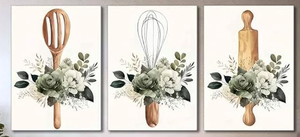 lot 118 image: 3 Pcs Sage Green Farmhouse Kitchen Canvas Wall Art Minimalist Dining Room plant Flowers Painting Pictures Wall Decor Poster Print Artwork For Dining Room kitchen Home Decoration 24Lx16W