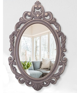 lot 119 image: Hanging Wall Mirror Wall Decor Vintage Brown Antique Oval Carved Wood Frame Bathroom Mirror Vanity Rustic Wall Mounted Mirrors Decorative Farmhouse Mirrors for Bedroom Living Room 24Lx16W