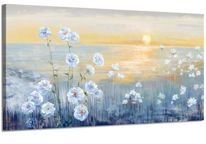 lot 134 image: Blue Ocean Sunset Canvas Wall Art for Living Room Abstract Seascape Painting Coastal Beach Wildflowers Picture Natural Sea Landscape Print Sunrise With Yellow Orange Sky Seaside Artwork 20x40inch