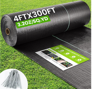 lot 153 image: Rintea 4FTX300FT Weed Barrier Fabric, 3.2oz Landscape Fabric, Durable Weed Barrier Fabric Heavy Duty with 20 U-Shaped Securing Pegs for Landscaping Weed Blocker Garden Bed Cover, Commercial Driveway