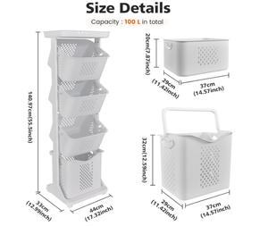 lot 172 image: 4-Tier Laundry Hamper Sorter, Laundry Storage Organizer with Wheels Removable, Rolling Laundry Baskets, Bathroom Cart for Dirty Clothes(100L)