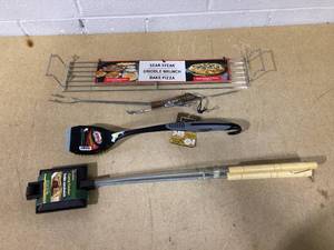 lot 381 image: SET Coghlans Cast Iron Camp Cooker, Libman Long Handle Bbq Brush Scraper, Black, Rome Industries Deluxe Extension Fork, Full size Griddle Insert