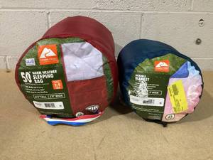 lot 382 image: SET Ozark Trail 50 F Rectangular Sleeping Bag 63 Tall 29 Wide & Packable Blanket 510Tall 5Wide