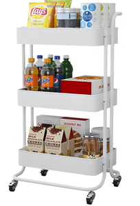 lot 327 image: Sooyee 3 Tier Utility Cart,Rolling Cart with Handle and Lockable Wheels, Multi-Functional Storage Cart for Office, School,Living Room, Kitchen, Bathroom, Bedroom,Laundry, White USED