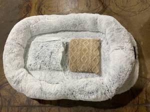 lot 83 image: Human Dog Bed - 64x48 Fits You & Pets, Washable Faux Fur, Orthopedic, Plump Pillow, Blanket, Strap - Grey
