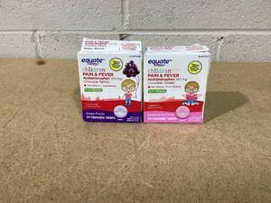 lot 177 image: SET OF  5 Equate Childrens Pain & Fever Relief Acetaminophen Chewable Tablets, 160 mg, Grape Flavor and Bubblegum Flavor , Ages 2 to 11 Years, 24 Count, Compare to Childrens Tylenol Active Ingredient