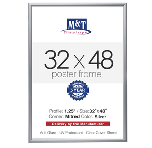 lot 253 image: M&T Displays Snap Poster Frame Silver 1.25 Aluminum Profile Front Loading Wall Mounting Photo Picture Document Certificate Sign Holder Mitered Corner Anti Glare Cover (Silver, 32x48 in)