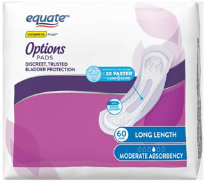 lot 277 image: LOT OF 4 Equate Options Womens Incontinence Pads, Moderate Absorbency, Long Length (60 Count), Compare to Poise