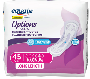 lot 278 image: LOT OF 3 Equate Options Womens Incontinence Pads, Maximum Absorbency, Long Length (45 Count), Compare to Poise