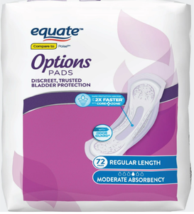 lot 280 image: LOT OF 3 Equate Options Womens Incontinence Pads, Moderate Absorbency, Regular Length (72 Count), Compare to Poise