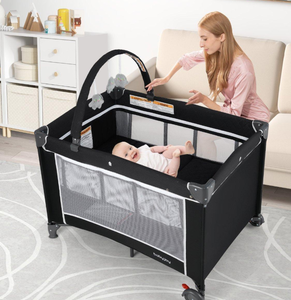 lot 182 image: Costway BC10291BK 3-in-1 Portable Baby Crib & Playpen with Changing Table - Black