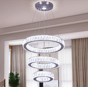 lot 489 image: Finktonglan Modern LED Chandeliers 3 Rings Crystal Chandelier Ceiling Light Fixture Adjustable Height and Stainless Steel Pendant Lighting Fixtures for Dining Room Living Room Kitchen(Cool White)