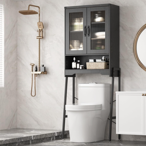 lot 491 image: Over The Toilet Storage Cabinet with Tempered Glass Doors & Adjustable Shelf, Bathroom Organizer with Metal Stand Space Saver Over Toilet , Tall Freestanding ShelfRack for Bathroom, Black