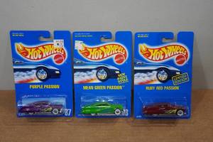 lot 22 image: 3 Hot Wheels - Purple Passion, Mean Green Passion, Ruby Red Passion