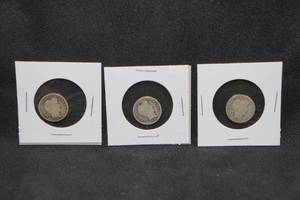 lot 106 image: 3 Barber Silver Dimes - 1913, 1908-D, 1899