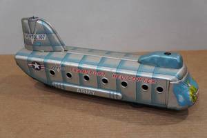 lot 139 image: Vintage Wind Up Tin Transport Helicopter