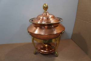 lot 309 image: Copper and Brass Hammered Chafing Dish and Stainless Steel 5Q Pan