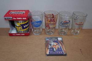 lot 335 image: Sports Beer Glasses and Travel Mug with Coasters